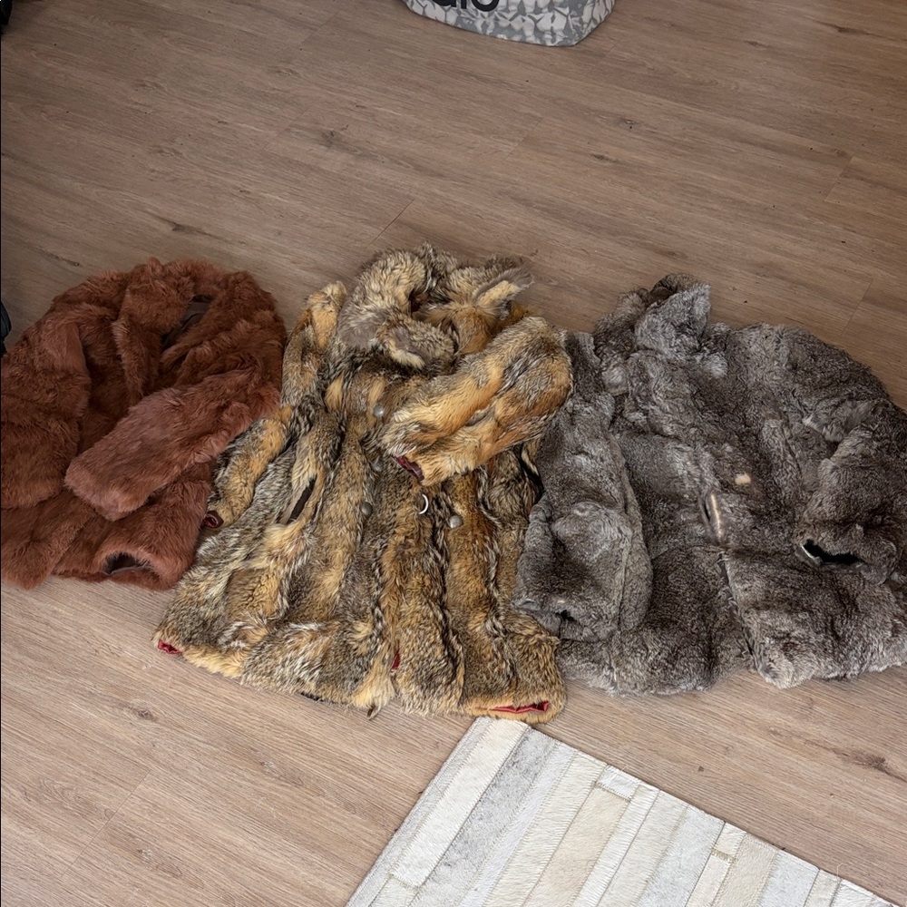 Trio of Faux Fur Coats in Brown, Tan, and Gray. 100% real fur. From stores in NY